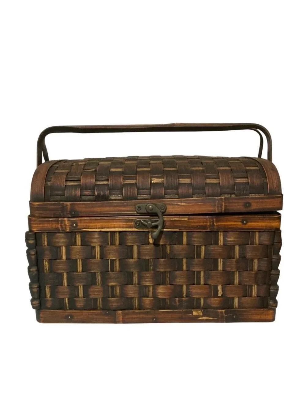 Vintage Woven Wooden Wicker Picnic Basket Chest With Hinged Handle And Latch